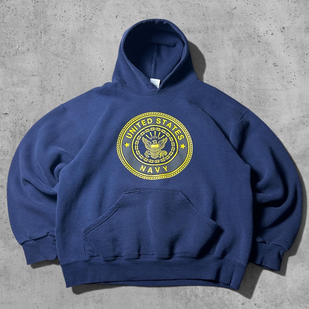 U.S. Navy Reflective Graphic Hoodie Blue Yellow Soffe Size Large Vintage Skater